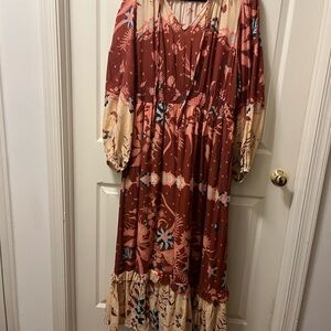 Othilia Anthropologie Long Sleeve Floral Dress in Red and Cream